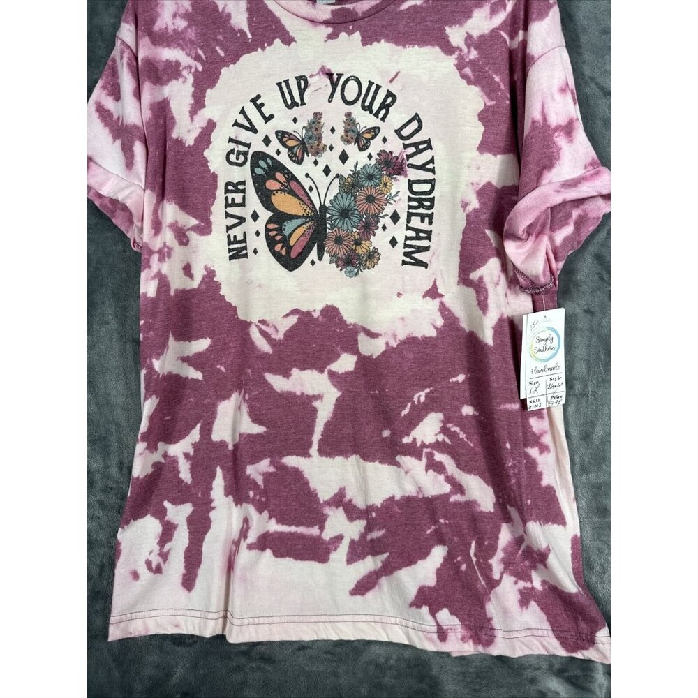 Women’s T-Shirt “Never Give Up On Your Day Dream” Tye Dye Butterflies & Flowers - Picture 5 of 14